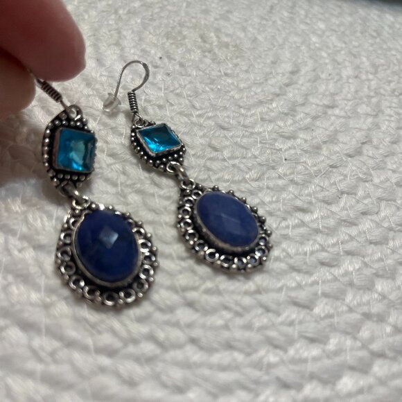 Gorgeous SIMULATED SAPPHIRE & BLUE TOPAZ Handmade Sterling 925 Earrings #418D - Picture 1 of 3